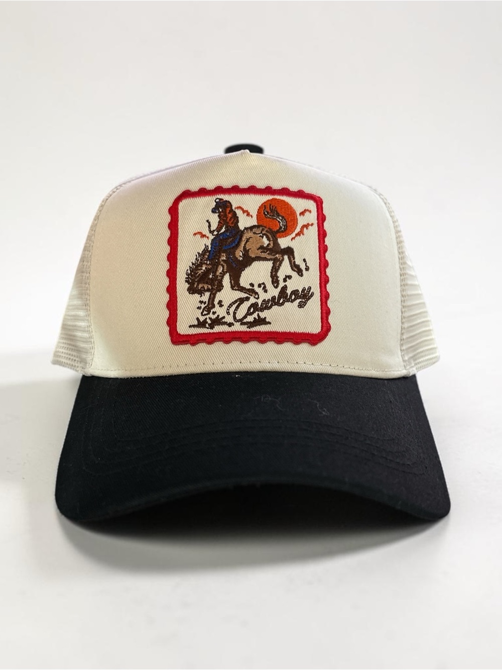 Cowboy Patch Trucker Hat - Black & Cream